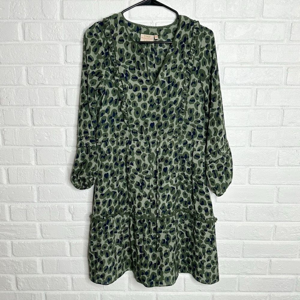Rungolee Green Leopard Print Dress Long Sleeve Tiered size XS